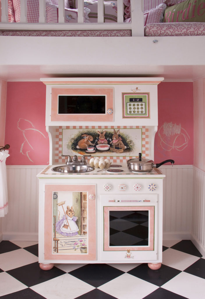 Beatrix Potter inspired hand painted child-sized kitchen set for little girl's playhouse.