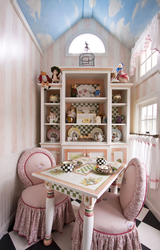 Interior of child's playhouse, hand painted walls, furniture and ceiling