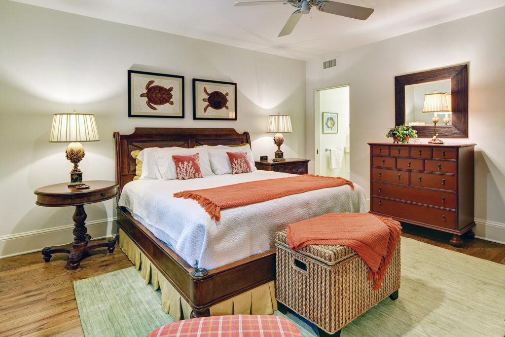 Guest bedroom with sea turtle prints and chest
