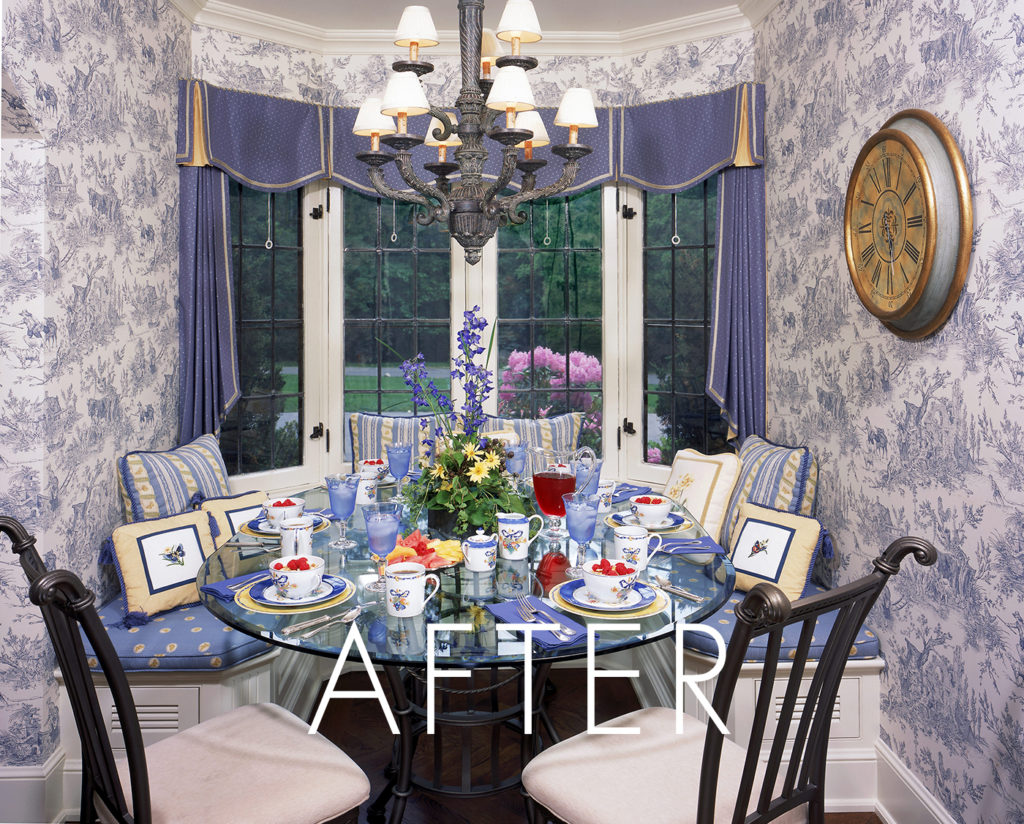 Breakfast nook with blue toile