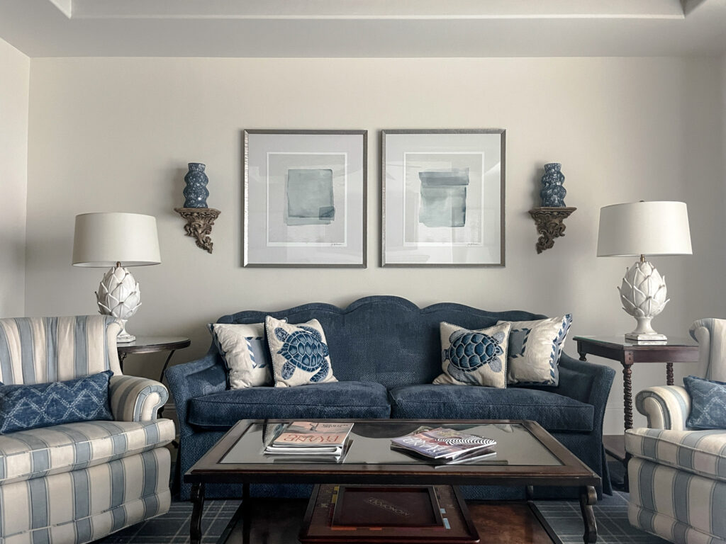 blue sofa living room lamps